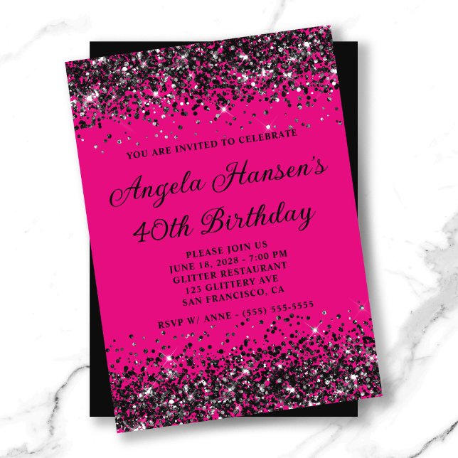 Heiß rosa und schwarzer Glitzer 40. Geburtstag Einladung (Hot Pink and Black Glitter 40th Birthday Invitation)