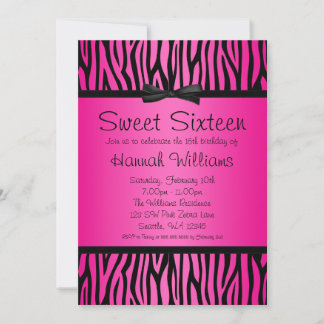 Heiß rosa und schwarzer Zebra Bow Sweet 16 Birthda Einladung