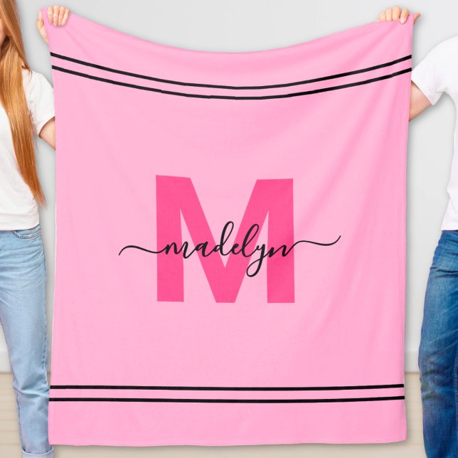 Heiß Rosa Weibliches Skript Namensmonogramm Fleecedecke (Hot Pink Girly Script Name Monogram Fleece Blanket)