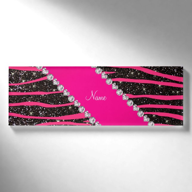 Heiß rosa Zebrastreifen schwarzer Glitzer rosa Str Namenschild (Vorderseite)