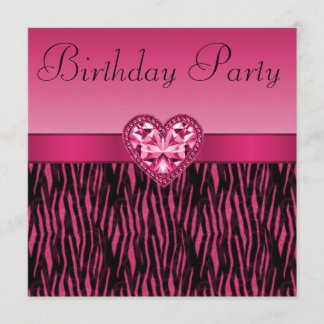 Heiß rosa Zebrastreifen und Bling Herz Geburtstag Einladung