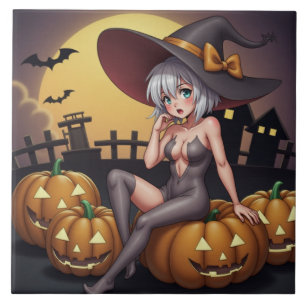 Heiße Hexe im Halloween-Kürbis-Patch Fliese