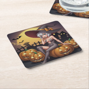 Heiße Hexe im Halloween-Kürbis-Patch Rechteckiger Pappuntersetzer