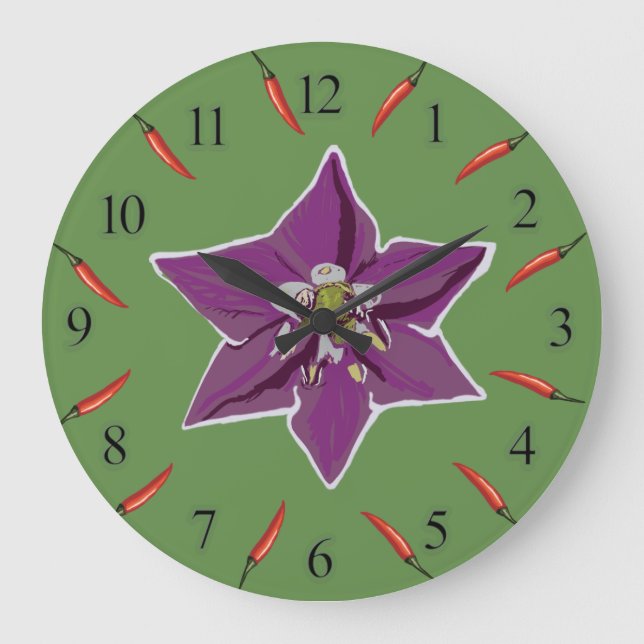 Heiße Paprikaschoten, lila Blüten-Wand-Uhr Große Wanduhr (Vorderseite)