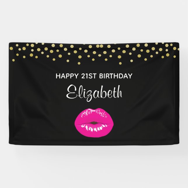 Heiße Pink Shiny Lippen auf dem Schwarzen Geburtst Banner (Horizontal)