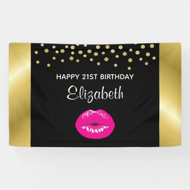 Heiße Pink Shiny Lippen auf dem Schwarzen Geburtst Banner (Horizontal)