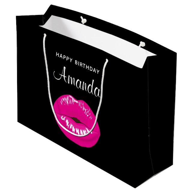 Heiße Pink Shiny Lippen auf dem Schwarzen Geburtst Große Geschenktüte (Rückseite Schrägansicht)
