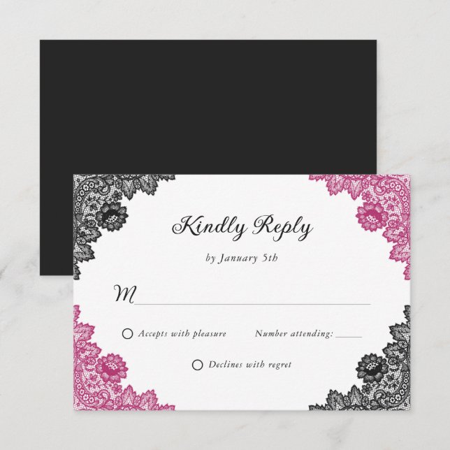 Heiße Pink- und Schwarz-Blütenhochzeit RSVP Karte (Vorne/Hinten)