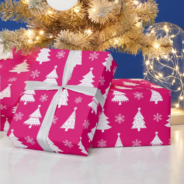 Heiße Pink Winter Weihnachtsbaum & Schneeflocken Geschenkpapier (Feiertage)