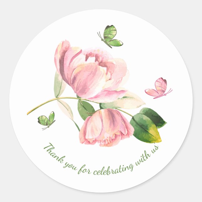 Heiße rosa Blume grüne Blätter Schmetterlinge Hoch Runder Aufkleber (Vorderseite)