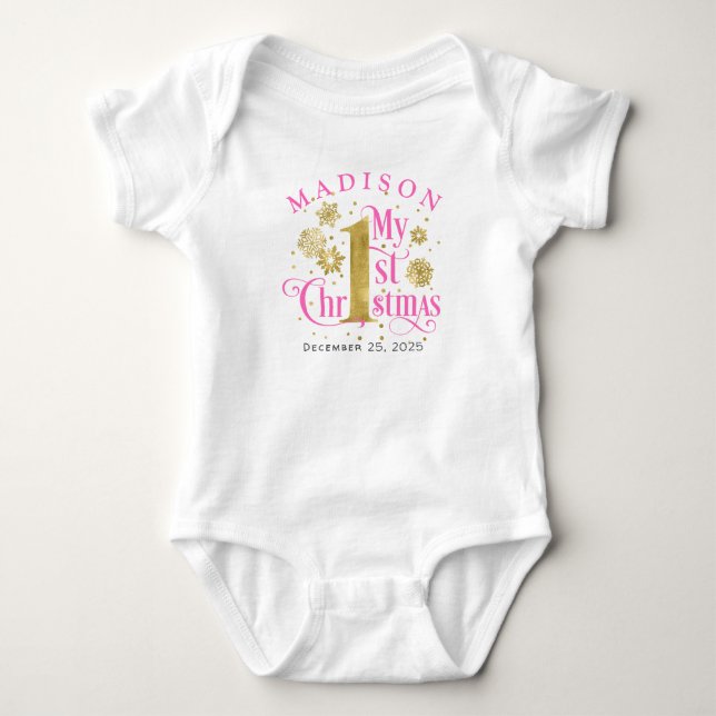 Heiße Rosa Goldschneeflocken Baby Girl 1. Baby Strampler (Vorderseite)