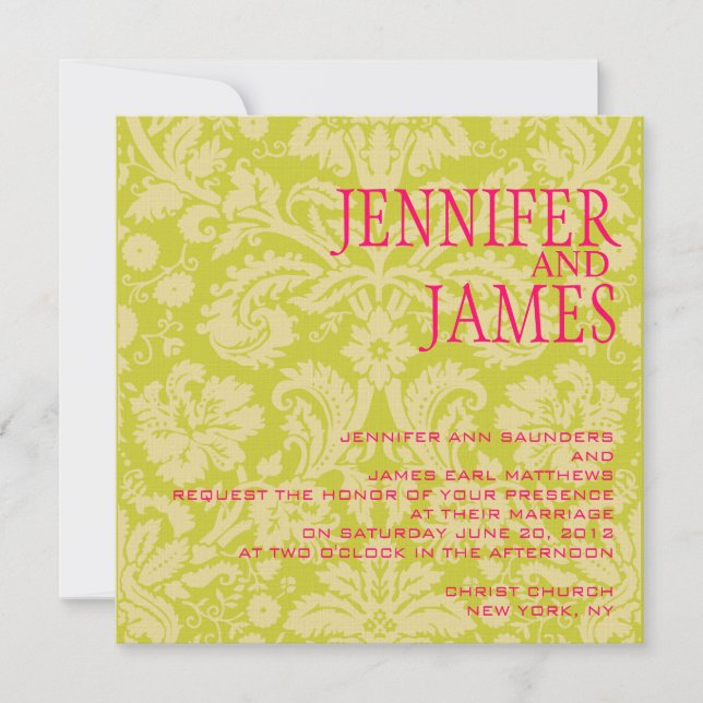 Heiße rosa grüne Creme Damask Einladung Hochzeit (Vorderseite)