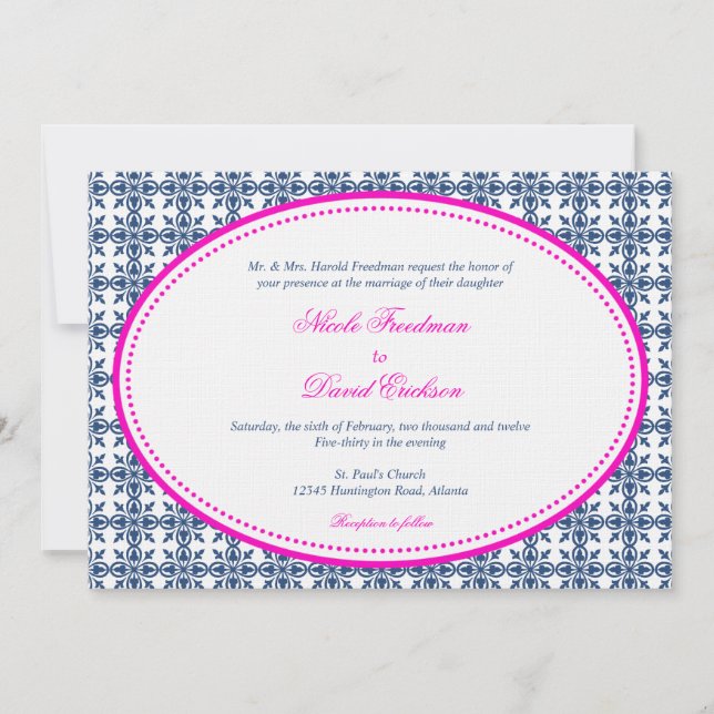 Heiße rosa, ovale, beattelte Hochzeit Einladung (Vorderseite)