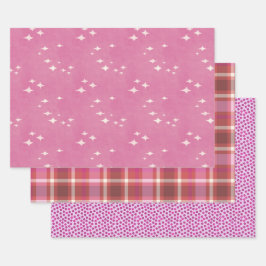 Heiße rosa Punkte, Sterne und kariert Geschenkpapier Set