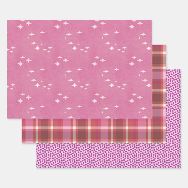 Heiße rosa Punkte, Sterne und kariert Geschenkpapier Set (Set)