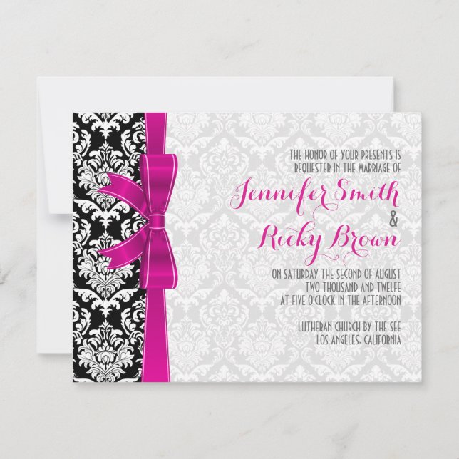 Heiße rosa Ribbon Black & White Damask Hochzeit Einladung (Vorderseite)