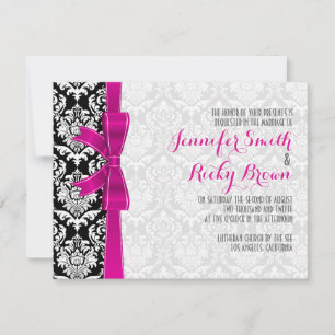 Heiße rosa Ribbon Black & White Damask Hochzeit Einladung
