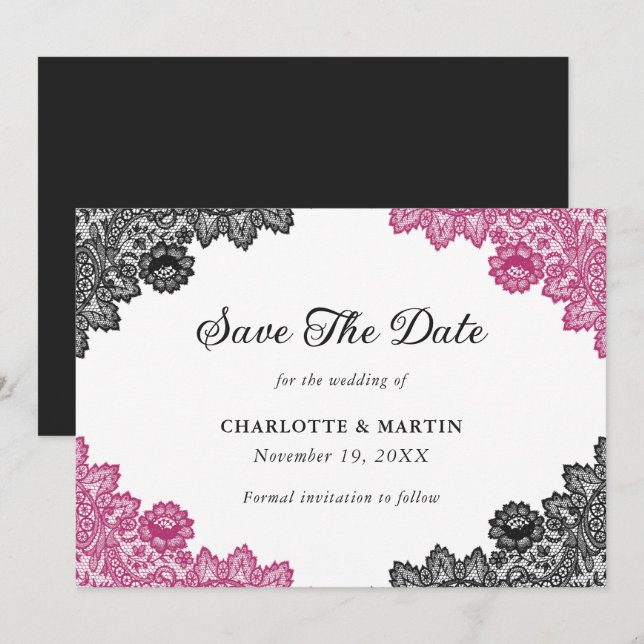 Heiße rosa und schwarze Rustikale Blumenzange Save The Date (Vorne/Hinten)