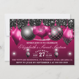 Heiße Rosa und schwarze Weihnachtsschmuck Süß 16 Einladung