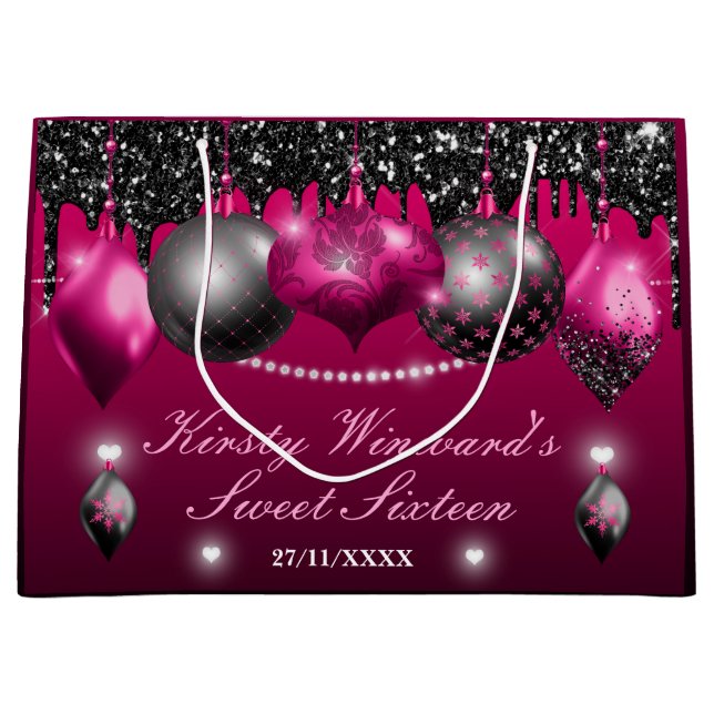 Heiße Rosa und schwarze Weihnachtsschmuck Süß 16 Große Geschenktüte (Vorderseite)