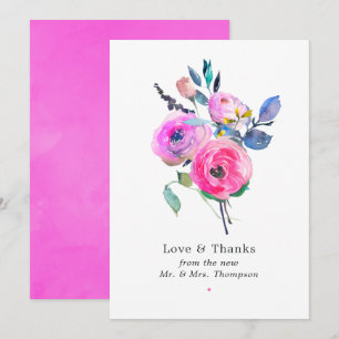 Heiße Rosa Wasserfarben Florale Hochzeit Dankeskarte