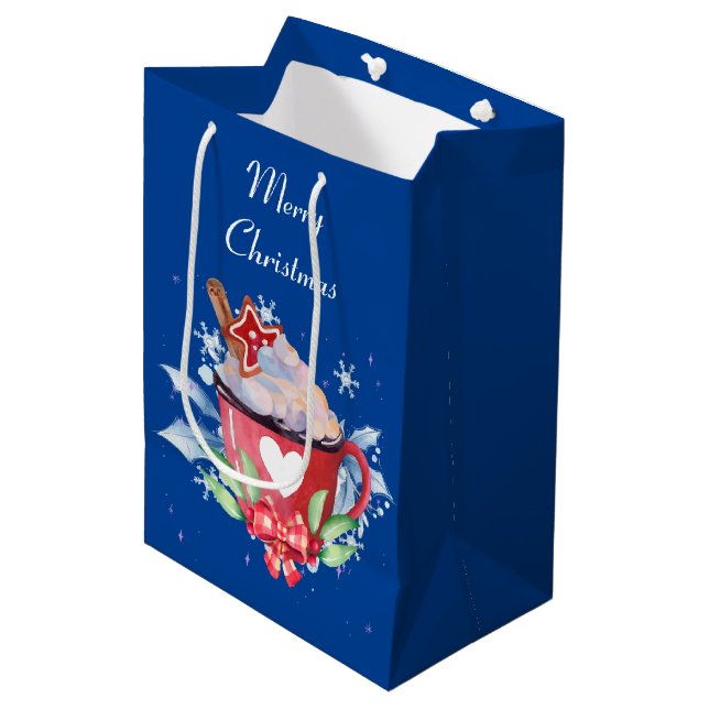 Heiße Schokolade auf blau Mittlere Geschenktüte (Vorderseite Schrägansicht)