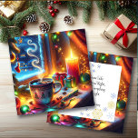 Heiße Schokolade in einem Weihnachtsfenster Person<br><div class="desc">Eine hübsche Weihnachtsszene mit einer dampfenden warmen Tasse heiße Schokolade,  einer beleuchteten Kerze an einer schneebedeckten Nacht. Da der Schnee auf diese magische Nacht fällt,  wünsche ich Ihnen alles Gute und viel Schärfe. Eine hübsche personalisierte Urlaubskarte,  die Ihnen ein gemütliches und gemütliches Ambiente verleiht.</div>