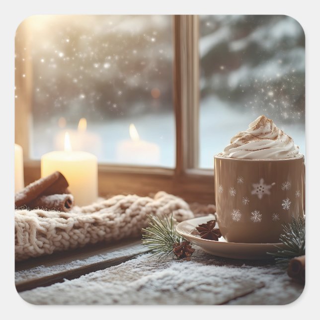 Heiße Schokolade mit Creme und Kerzen Winter Quadratischer Aufkleber (Vorderseite)