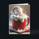 Heiße Schokolade Snowman Feiertagskarte<br><div class="desc">Ein großes Marshmallow,  das als Schneemann mit Weihnachtsmannmütze entworfen wurde,  sitzt auf einer roten Tasse,  die mit cremigem Schaum gefüllt ist. Inside text kann geändert werden.</div>