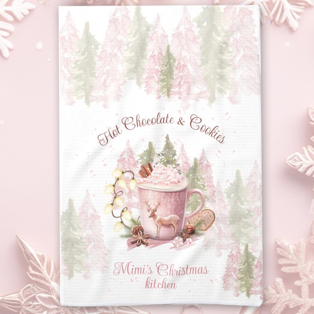 Heiße Schokolade und Cookies Name Rosa Weihnachten Geschirrtuch (Hot Chocolate & Cookies Name Pink Christmas Kitchen Towel)