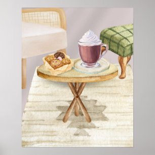 Heiße Schokolade und Kekse auf einem Holztisch Poster