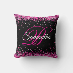 Heißer Rosa Glitter Schwarzes Fantasie-Monogramm Kissen