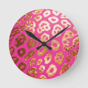 Heißer Rosa Gold-Leoparden-Druck Glamour Runde Wanduhr