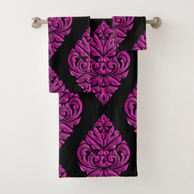 Heißes Rosa auf schwarzem DamaskTowel Set (Insitu)