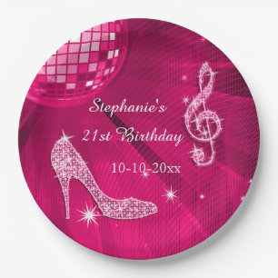 Heißes Rosa-Disco-Ball und Heels-21. Geburtstag Pappteller
