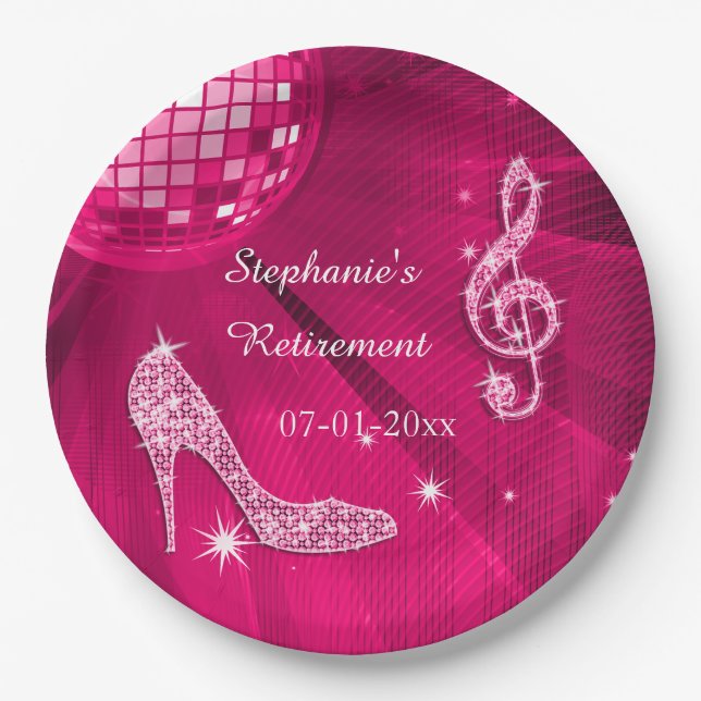 Heißes Rosa-Disco-Ball-und Heels-Ruhestand Pappteller (Vorderseite)