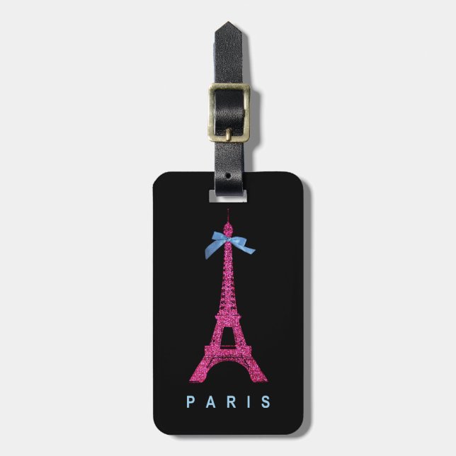 Heißes Rosa-Eiffel-Turm im Imitat-Glitter auf Gepäckanhänger (Vorderseite vertikal)