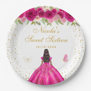 Heißes Rosa Florales Dunkle Haut Prinzessin Sweet Pappteller
