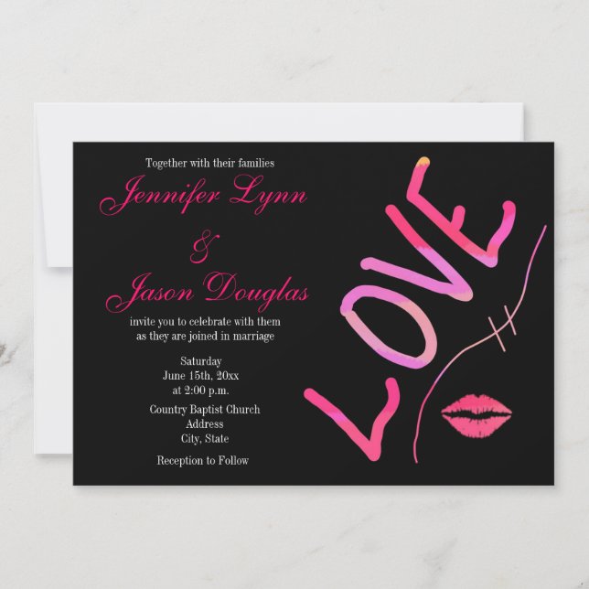 Heißes Rosa-Fuchsien-und schwarze Liebe-Wedding Einladung (Vorderseite)