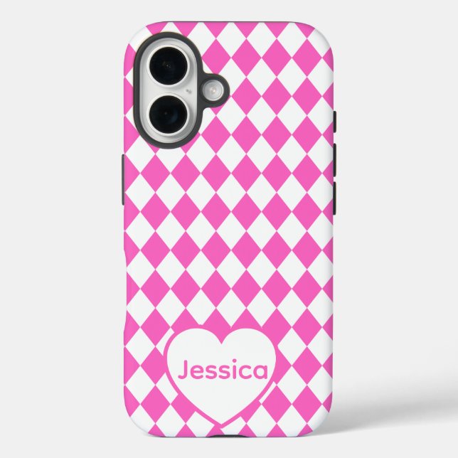Heißes Rosa Harlekin-Muster personalisierter Name iPhone 16 Hülle (Rückseite)