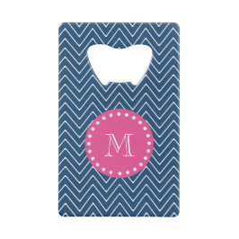 Heißes Rosa, Marine-Blau Zickzack | Ihr Monogramm Kreditkarten Flaschenöffner