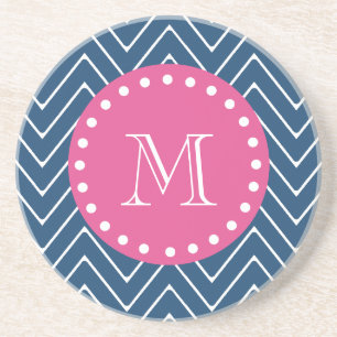 Heißes Rosa, Marine-Blau Zickzack Ihr Monogramm Sandstein Untersetzer