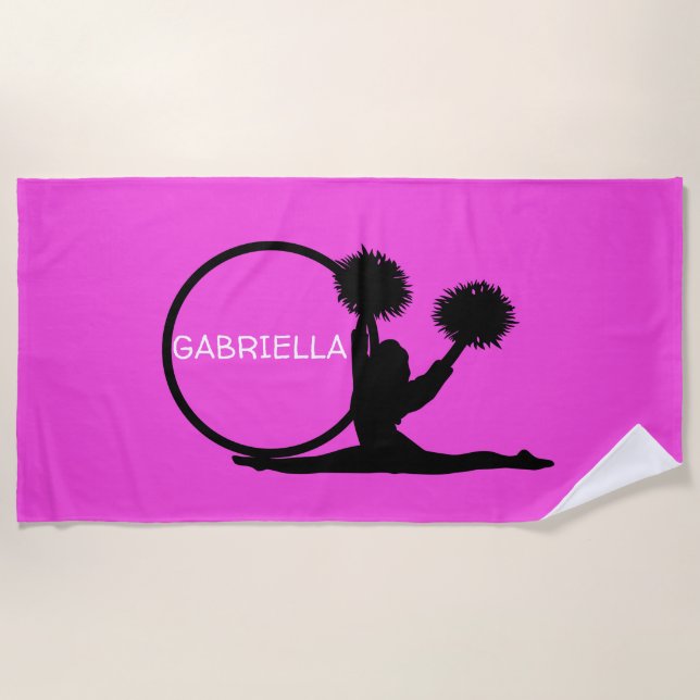Heißes Rosa-personalisierte Silhouette-Cheerleader Strandtuch (Vorderseite)