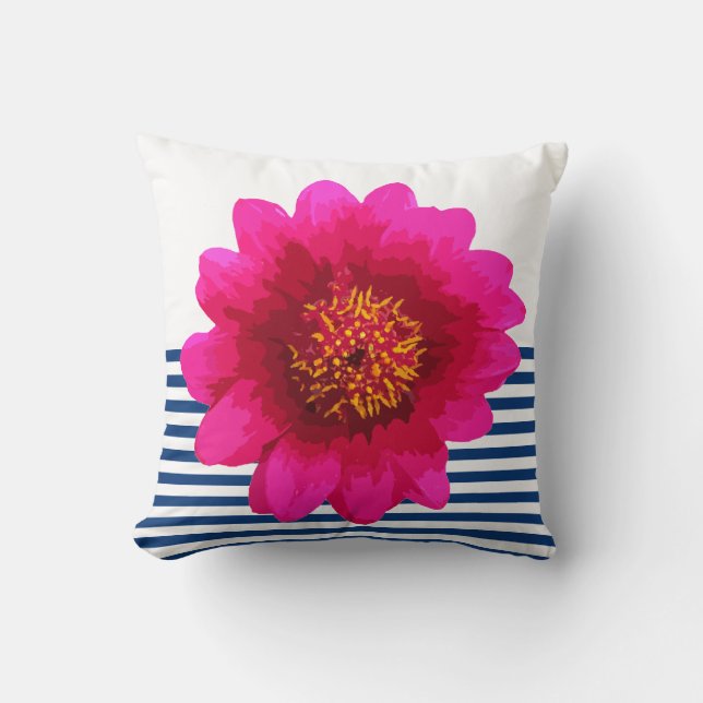Heißes Rosa-schöne Blumen-Marine-blaue Streifen Kissen (Vorderseite)