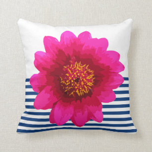 Heißes Rosa-schöne Blumen-Marine-blaue Streifen Kissen