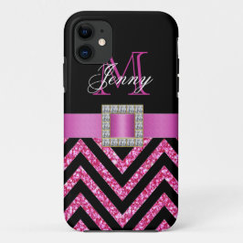 HEISSES ROSA-SCHWARZ-ZICKZACK GLITZER GIRLY iPhone 11 HÜLLE