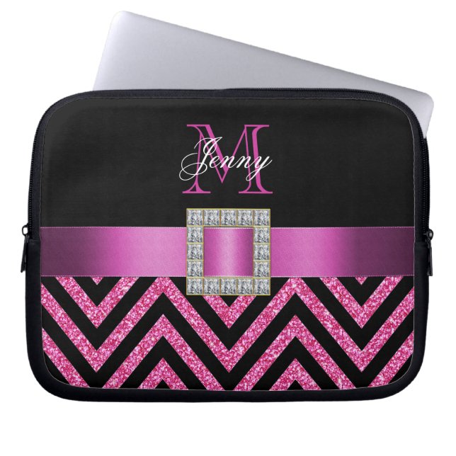 HEISSES ROSA-SCHWARZ-ZICKZACK GLITZER GIRLY LAPTOPSCHUTZHÜLLE (Vorderseite)