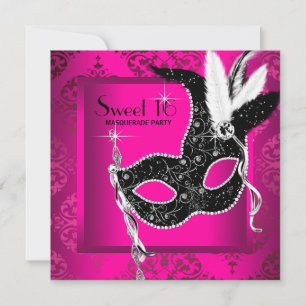 Heißes Rosa Schwarze Sweet 16-Maskenparty Einladung