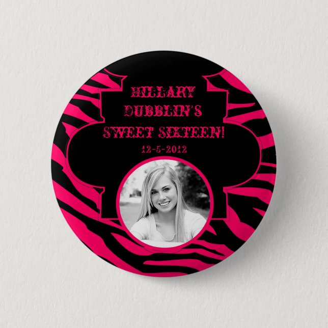 Heißes Rosa-Schwarzeszebra-Druck-TierFoto-Knopf Button (Vorderseite)