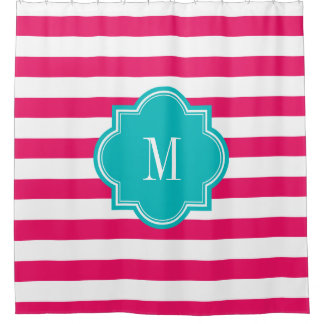 Heißes Rosa-Streifen mit aquamarinem Monogramm Duschvorhang